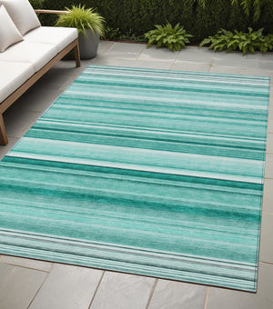 Homeroots 5' X 8' Stylish Striped Washable Indoor Outdoor Area Rug – Perfect For Kids, Pets & Easy Care Aqua Polyester 560991