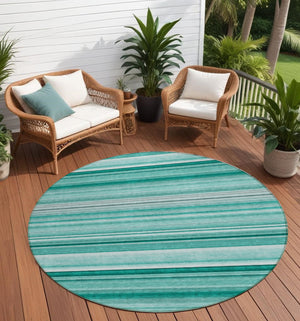 Homeroots 8' X 8' Aqua Round Striped Washable Indoor Outdoor Area Rug Aqua Polyester 560992
