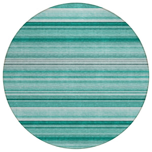 Homeroots 8' X 8' Aqua Round Striped Washable Indoor Outdoor Area Rug Aqua Polyester 560992