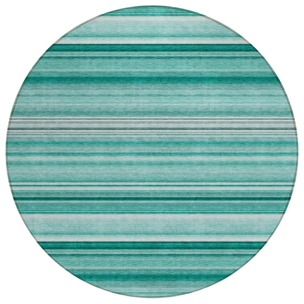 Homeroots 8' X 8' Aqua Round Striped Washable Indoor Outdoor Area Rug Aqua Polyester 560992