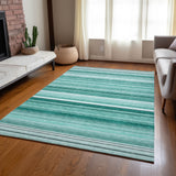 Homeroots 9' X 12' Aqua Striped Washable Indoor Outdoor Area Rug Aqua Polyester 560994