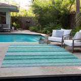 Homeroots 9' X 12' Aqua Striped Washable Indoor Outdoor Area Rug Aqua Polyester 560994