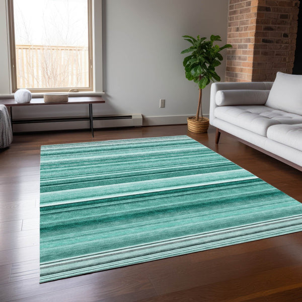 Homeroots 5' X 8' Stylish Striped Washable Indoor Outdoor Area Rug – Perfect For Kids, Pets & Easy Care Aqua Polyester 560995