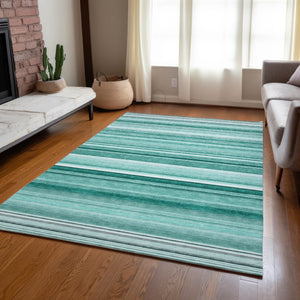 Homeroots 5' X 8' Stylish Striped Washable Indoor Outdoor Area Rug – Perfect For Kids, Pets & Easy Care Aqua Polyester 560995