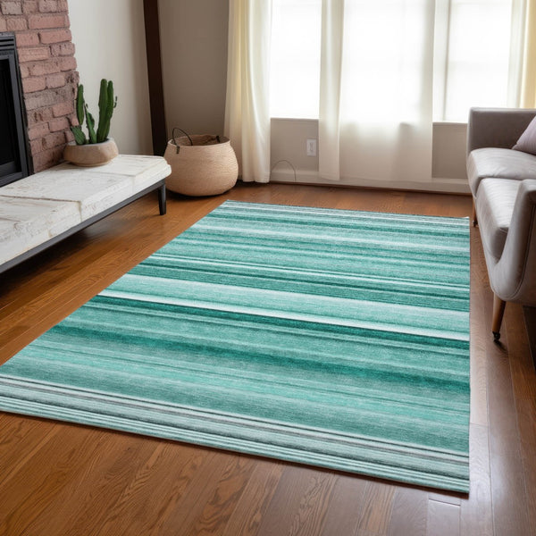 Homeroots 5' X 8' Stylish Striped Washable Indoor Outdoor Area Rug – Perfect For Kids, Pets & Easy Care Aqua Polyester 560995