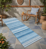 Homeroots 8' Runner Blue Striped Washable Non Skid Indoor Outdoor Runner Rug Blue Polyester 560997