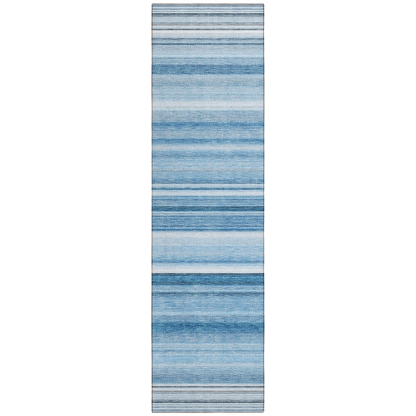 Homeroots 8' Runner Blue Striped Washable Non Skid Indoor Outdoor Runner Rug Blue Polyester 560997