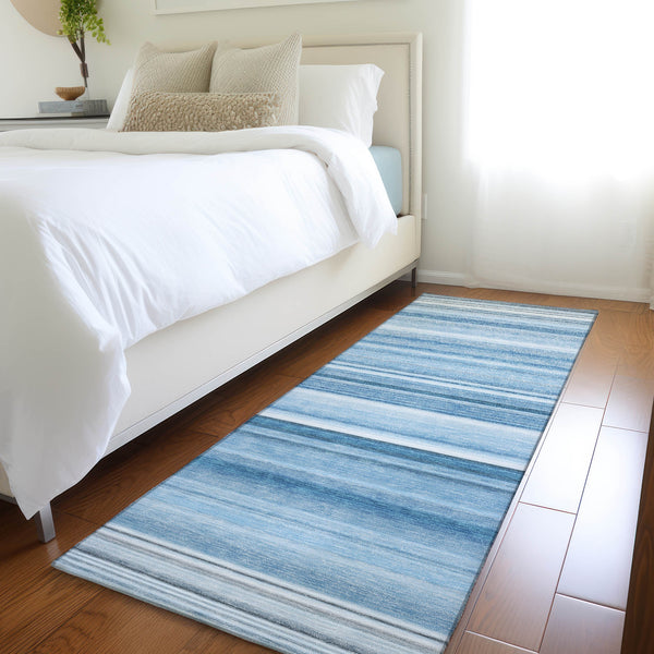 Homeroots 8' Runner Blue Striped Washable Non Skid Indoor Outdoor Runner Rug Blue Polyester 560997