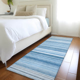 Homeroots 8' Runner Blue Striped Washable Non Skid Indoor Outdoor Runner Rug Blue Polyester 560997