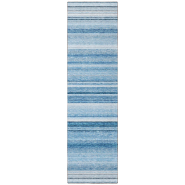 Homeroots 8' Runner Blue Striped Washable Non Skid Indoor Outdoor Runner Rug Blue Polyester 560997