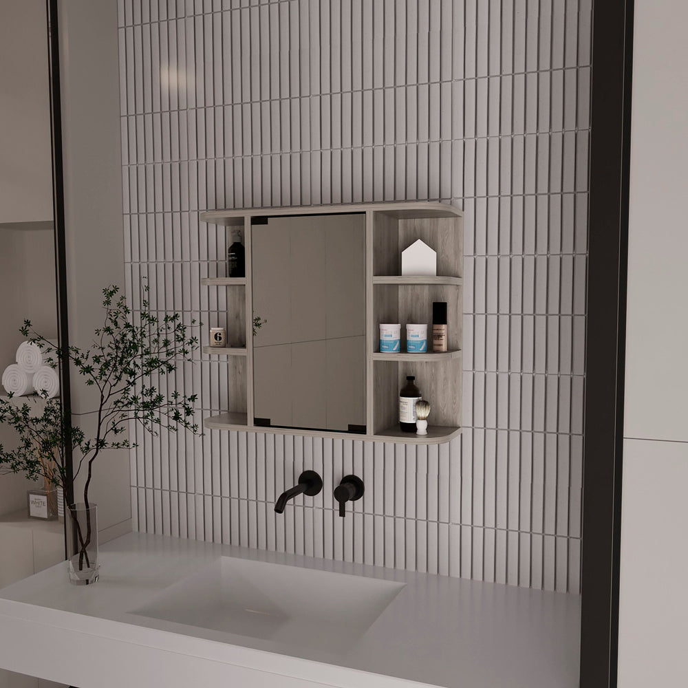 English Elm Roseburg Elegant 9-Shelf Medicine Cabinet with Center Mirror Door and Six Open Display Shelves for Bath Light Gray B06280465