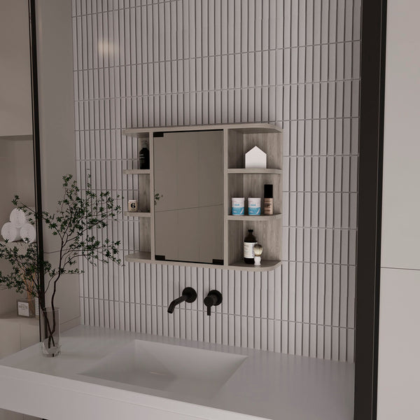 English Elm Roseburg Elegant 9-Shelf Medicine Cabinet with Center Mirror Door and Six Open Display Shelves for Bath Light Gray B06280465