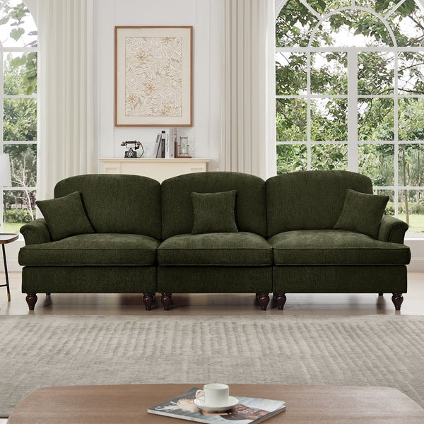 English Elm Elegant Mid Century 3-Seater Sofa With Flared Arms & Removable Skirts – Versatile Green Chenille Comfort W3041S00266
