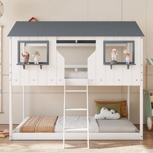 English Elm Twin Over Playhouse Bunk Bed Solid Pine Frame with Roof Windows Guardrail LT100045AAK-1