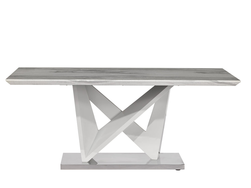 English Elm CAROLINE Grey Dining Table with Marble-Look Top, Silver Finish Pedestal Base Seats Up to 6, Modern Elegance B201S00242