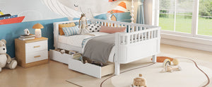 English Elm Twin Solid Wood Platform Bed with Guardrail for Kids, Low-Profile Sturdy Pine Frame, Safe Sleep Solution White 69.69 L x 18.5 W x 7.68 H W2593P331678