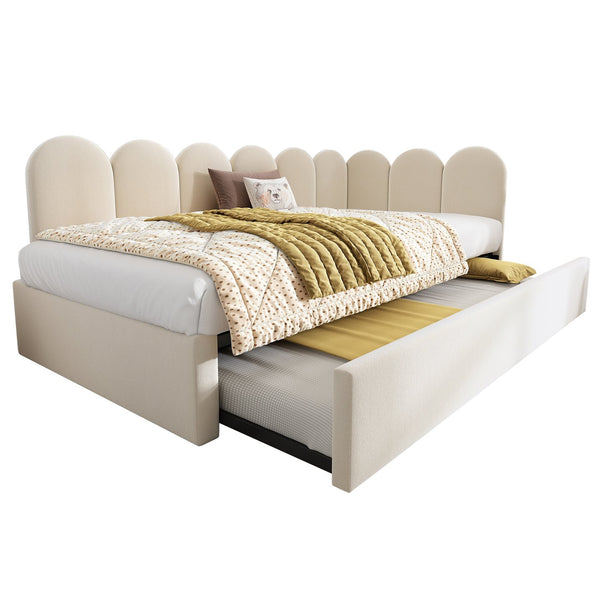 English Elm Upholstered Twin Daybed with Pull-Out Trundle, Velvet Upholstery, Metal Slatted Frame, 300lb Capacity Beige AA20362122B