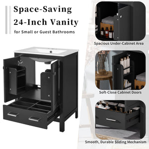 English Elm 24-inch Modern Bathroom Vanity with Ceramic Sink, Soft-Close Doors, Drawer Divider & Ample Storage Black N729P299440B