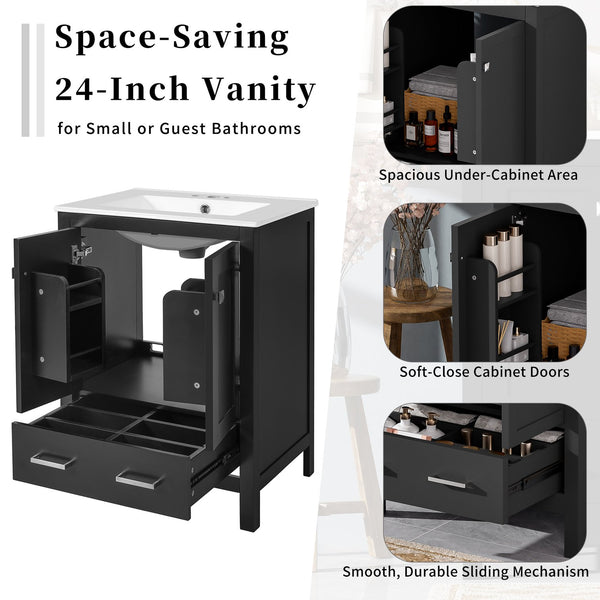 English Elm 24-inch Modern Bathroom Vanity with Ceramic Sink, Soft-Close Doors, Drawer Divider & Ample Storage Black N729P299440B