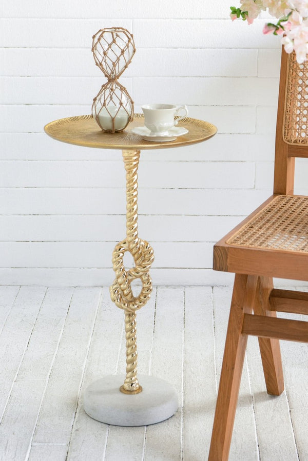 English Elm 13.8x13.8x24" Gold Aluminum Rope Knot Side Table with Polished White Marble Base W2078P461569