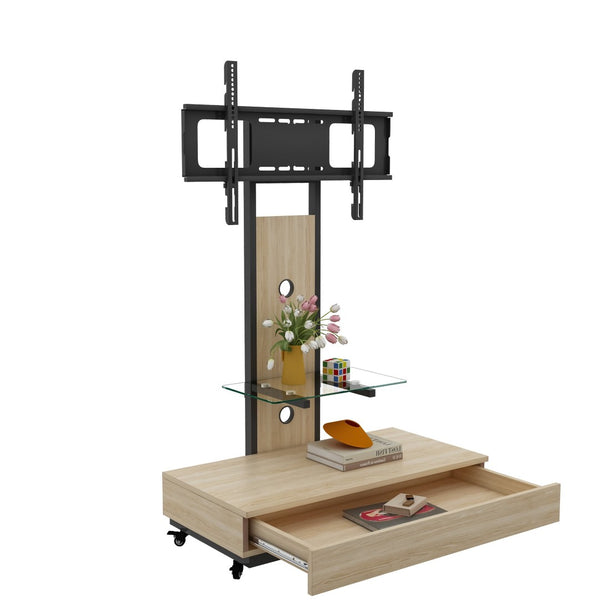 English Elm Tv Rolling Cart with Swivel Mount Lockable Wheels Pull Out Drawer Iron Frame Natural W241P246881