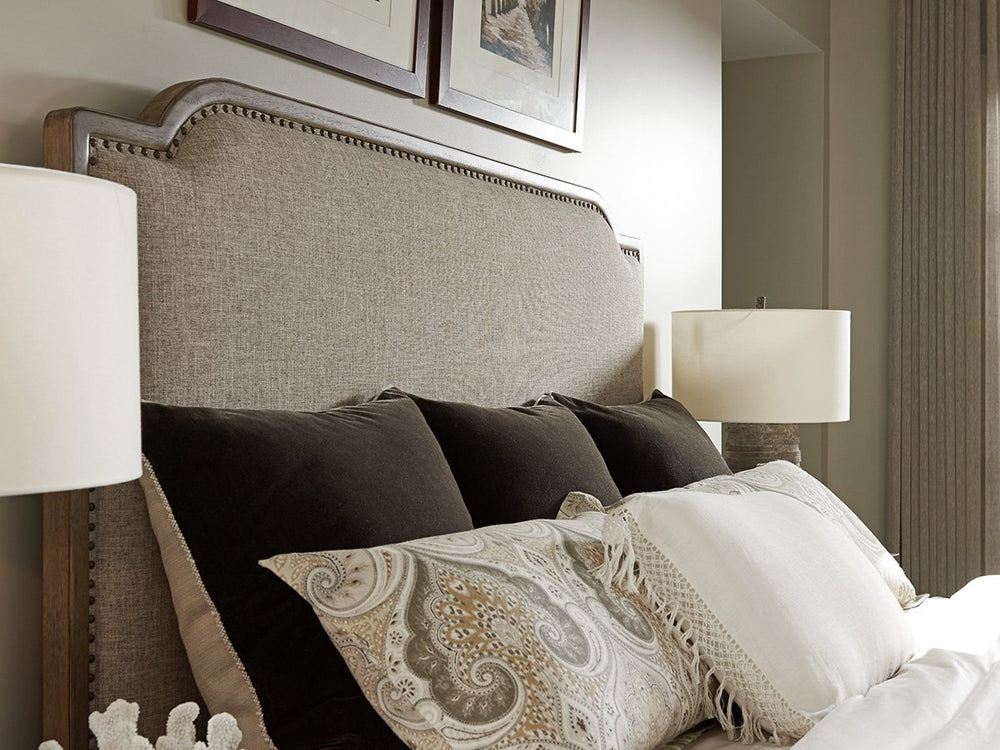 Lexington Stone Harbour Queen Headboard Linen Blend Fabric Antique Brass Nailhead Trim Bedroom 561-143HB