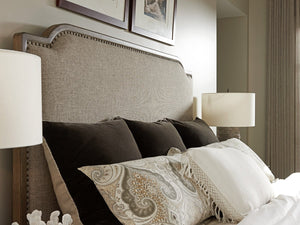 Lexington Stone Harbour Queen Headboard Linen Blend Fabric Antique Brass Nailhead Trim Bedroom 561-143HB