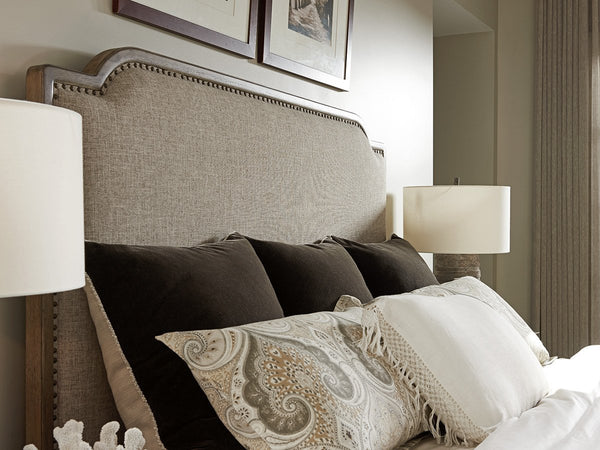 Lexington Stone Harbour Queen Headboard Linen Blend Fabric Antique Brass Nailhead Trim Bedroom 561-143HB
