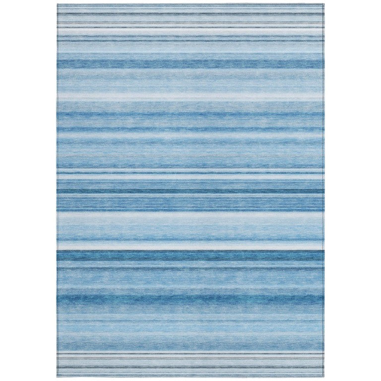 Blue Stripe Washable Indoor Outdoor Area Rug Uv Resistant Non Skid Felt Back Coastal