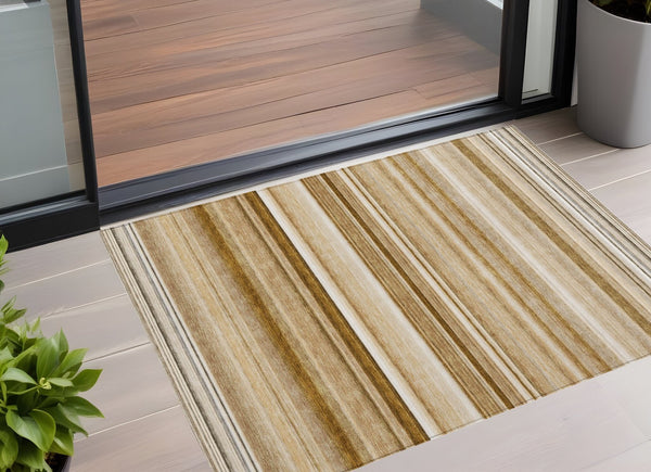 Homeroots 5' X 8' Stylish Striped Washable Indoor Outdoor Area Rug – Perfect For Kids, Pets & Easy Care Chocolate Polyester 561008