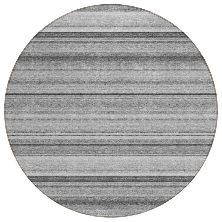 HomeRoots 8 Foot Round Gray Striped Washable Indoor Outdoor Rug with Non Skid Felt Backing 561019