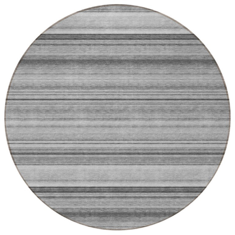 HomeRoots 8 Foot Round Gray Striped Washable Indoor Outdoor Rug with Non Skid Felt Backing 561019
