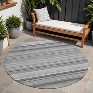 Homeroots 8' Round Gray Round Striped Washable Non Skid Indoor Outdoor Area Rug Gray Polyester 561019