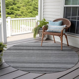 Homeroots 8' Round Gray Round Striped Washable Non Skid Indoor Outdoor Area Rug Gray Polyester 561019