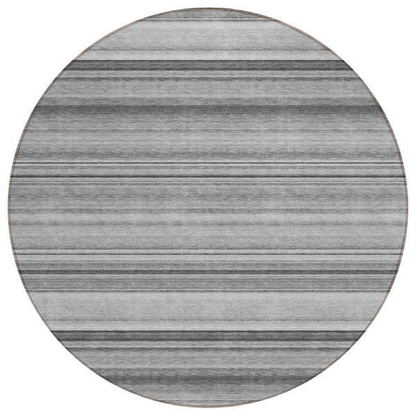 Homeroots 8' Round Gray Round Striped Washable Non Skid Indoor Outdoor Area Rug Gray Polyester 561019