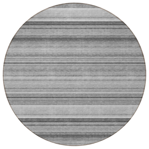 Homeroots 8' Round Gray Round Striped Washable Non Skid Indoor Outdoor Area Rug Gray Polyester 561019