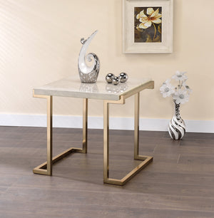 English Elm Boice Champagne Faux Marble Top End Table with Champagne Metal "C" Base, KD Assembly, Modern Glam Finish B2726P410329