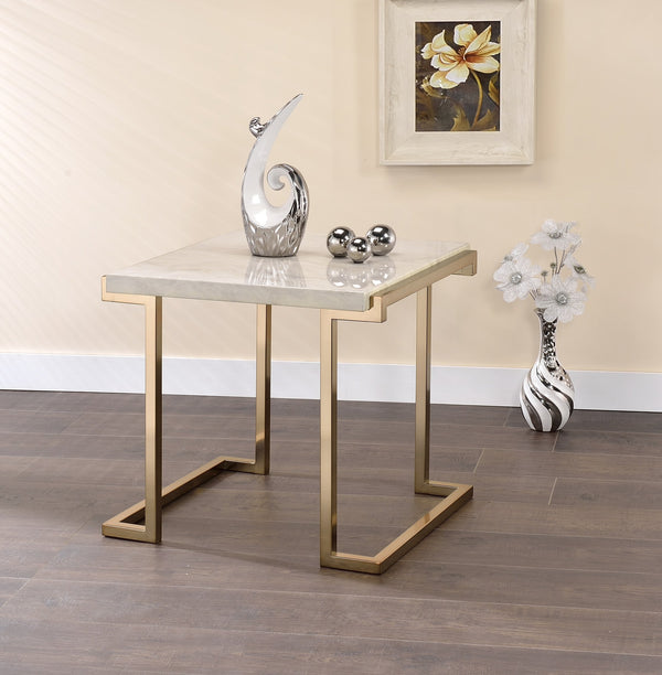 English Elm Boice Champagne Faux Marble Top End Table with Champagne Metal "C" Base, KD Assembly, Modern Glam Finish B2726P410329