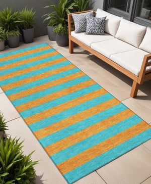 Homeroots 8' Runner Stylish Striped Washable Non-skid Indoor-outdoor Rug For Kid-friendly Spaces Aqua Polyester 561024
