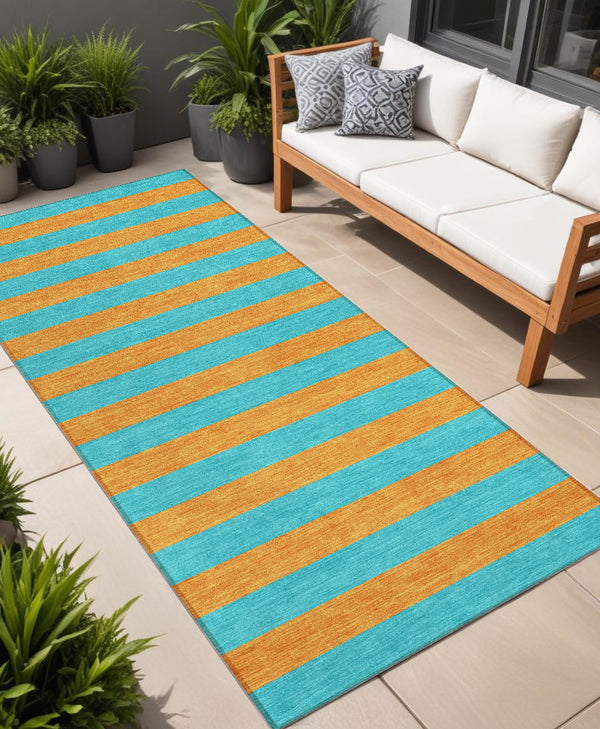 Homeroots 8' Runner Stylish Striped Washable Non-skid Indoor-outdoor Rug For Kid-friendly Spaces Aqua Polyester 561024