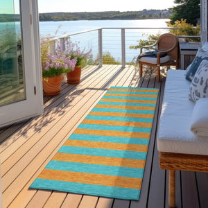 Homeroots 8' Runner Stylish Striped Washable Non-skid Indoor-outdoor Rug For Kid-friendly Spaces Aqua Polyester 561024