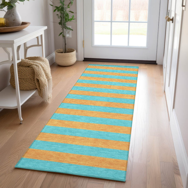 Homeroots 8' Runner Stylish Striped Washable Non-skid Indoor-outdoor Rug For Kid-friendly Spaces Aqua Polyester 561024