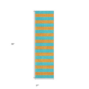 Homeroots 8' Runner Stylish Striped Washable Non-skid Indoor-outdoor Rug For Kid-friendly Spaces Aqua Polyester 561024