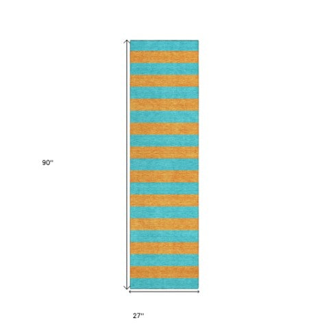 Homeroots 8' Runner Stylish Striped Washable Non-skid Indoor-outdoor Rug For Kid-friendly Spaces Aqua Polyester 561024