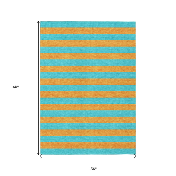Homeroots 3' X 5' Aqua Striped Washable Non Skid Indoor Outdoor Area Rug Aqua Polyester 561026
