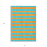 Homeroots 3' X 5' Aqua Striped Washable Non Skid Indoor Outdoor Area Rug Aqua Polyester 561026