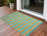 Homeroots 3' X 5' Aqua Striped Washable Non Skid Indoor Outdoor Area Rug Aqua Polyester 561026