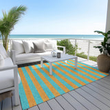 Homeroots 3' X 5' Aqua Striped Washable Non Skid Indoor Outdoor Area Rug Aqua Polyester 561026