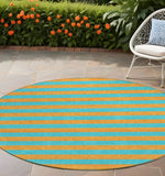 Homeroots 8' Round Aqua Round Striped Washable Non Skid Indoor Outdoor Area Rug Aqua Polyester 561028