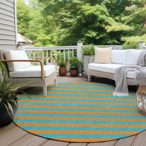 Homeroots 8' Round Aqua Round Striped Washable Non Skid Indoor Outdoor Area Rug Aqua Polyester 561028
